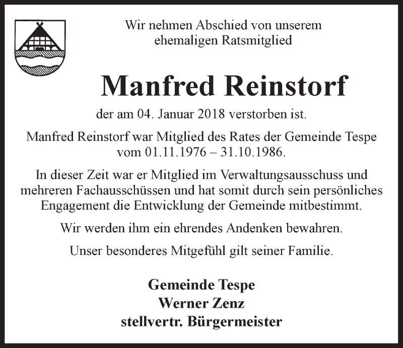  Traueranzeige für Manfred Reinstorf vom 10.01.2018 aus LZ