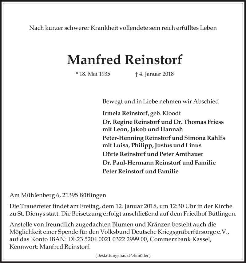  Traueranzeige für Manfred Reinstorf vom 06.01.2018 aus LZ
