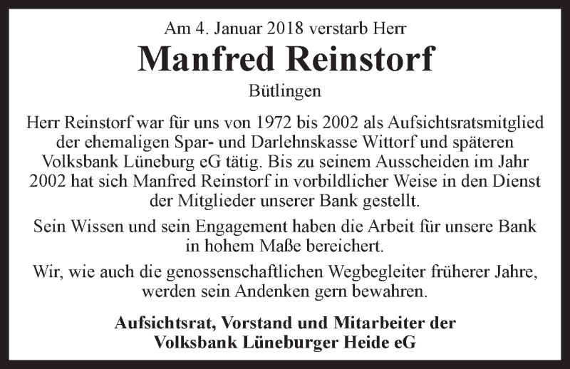  Traueranzeige für Manfred Reinstorf vom 09.01.2018 aus LZ