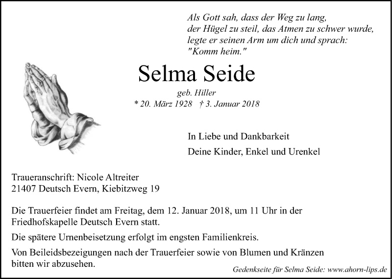  Traueranzeige für Selma Seide vom 08.01.2018 aus LZ