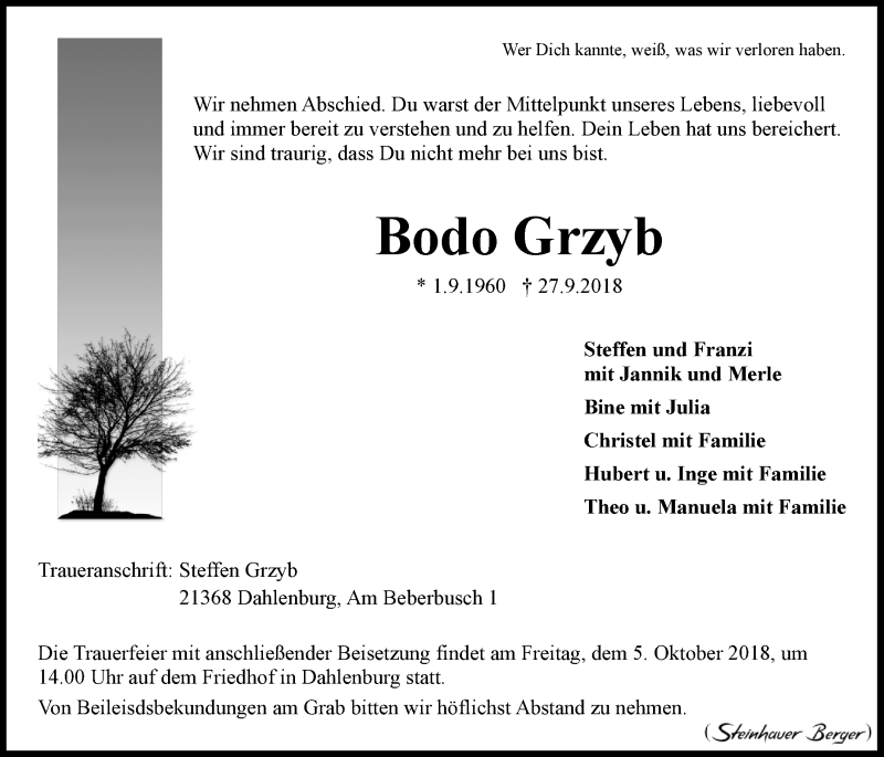  Traueranzeige für Bodo Grzyb vom 01.10.2018 aus LZ