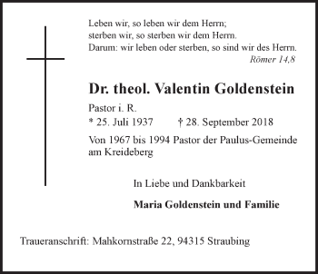 Anzeige von Valentin Goldenstein von LZ