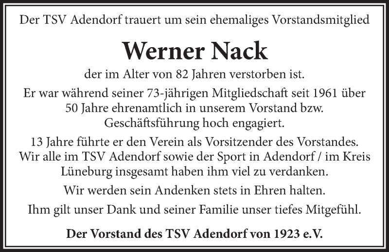  Traueranzeige für Werner Nack vom 20.10.2018 aus LZ