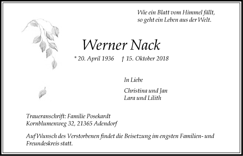  Traueranzeige für Werner Nack vom 20.10.2018 aus LZ