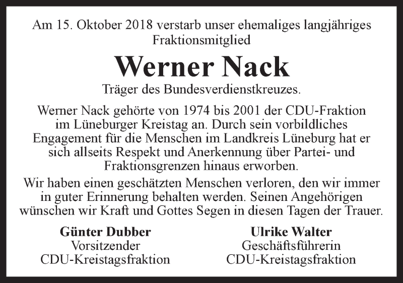  Traueranzeige für Werner Nack vom 24.10.2018 aus LZ