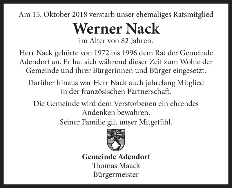  Traueranzeige für Werner Nack vom 20.10.2018 aus LZ