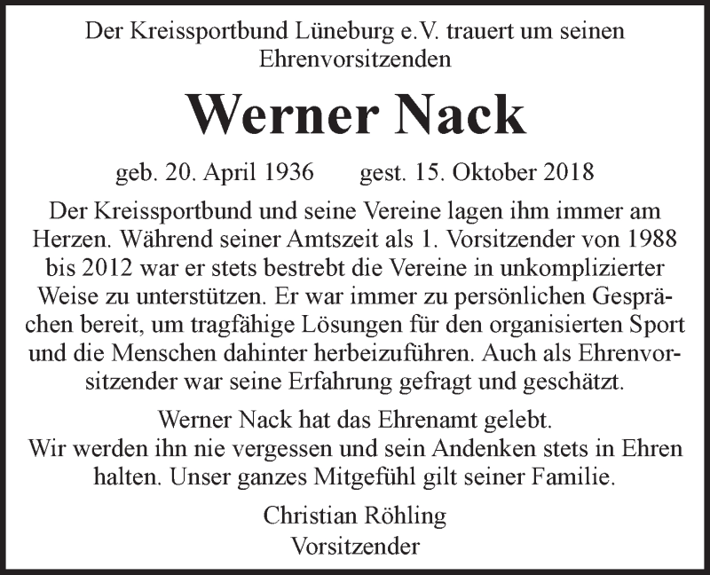  Traueranzeige für Werner Nack vom 20.10.2018 aus LZ