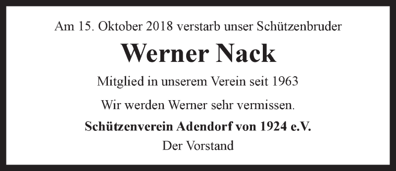  Traueranzeige für Werner Nack vom 23.10.2018 aus LZ