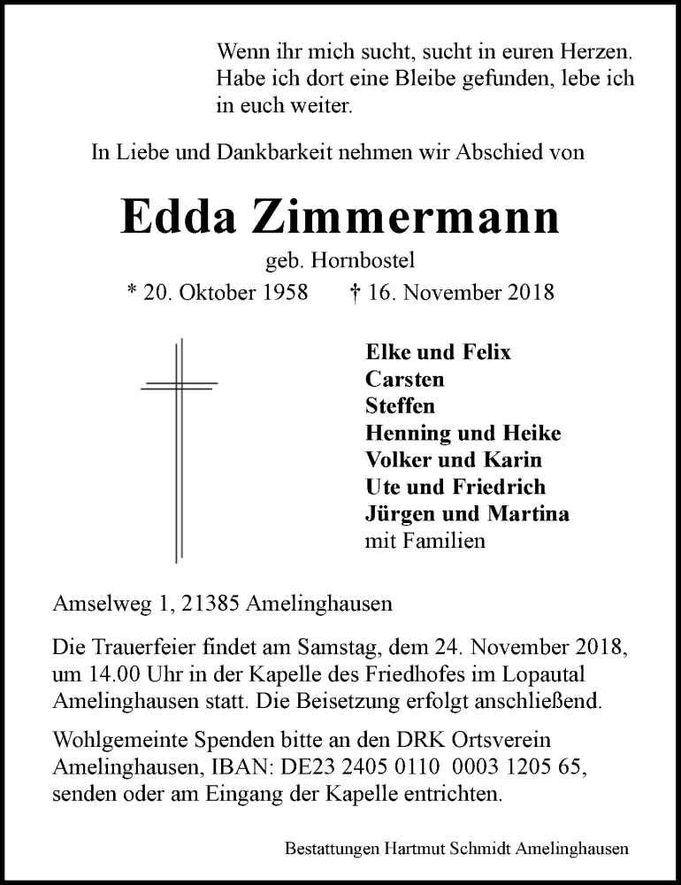  Traueranzeige für Edda Zimmermann vom 19.11.2018 aus LZ