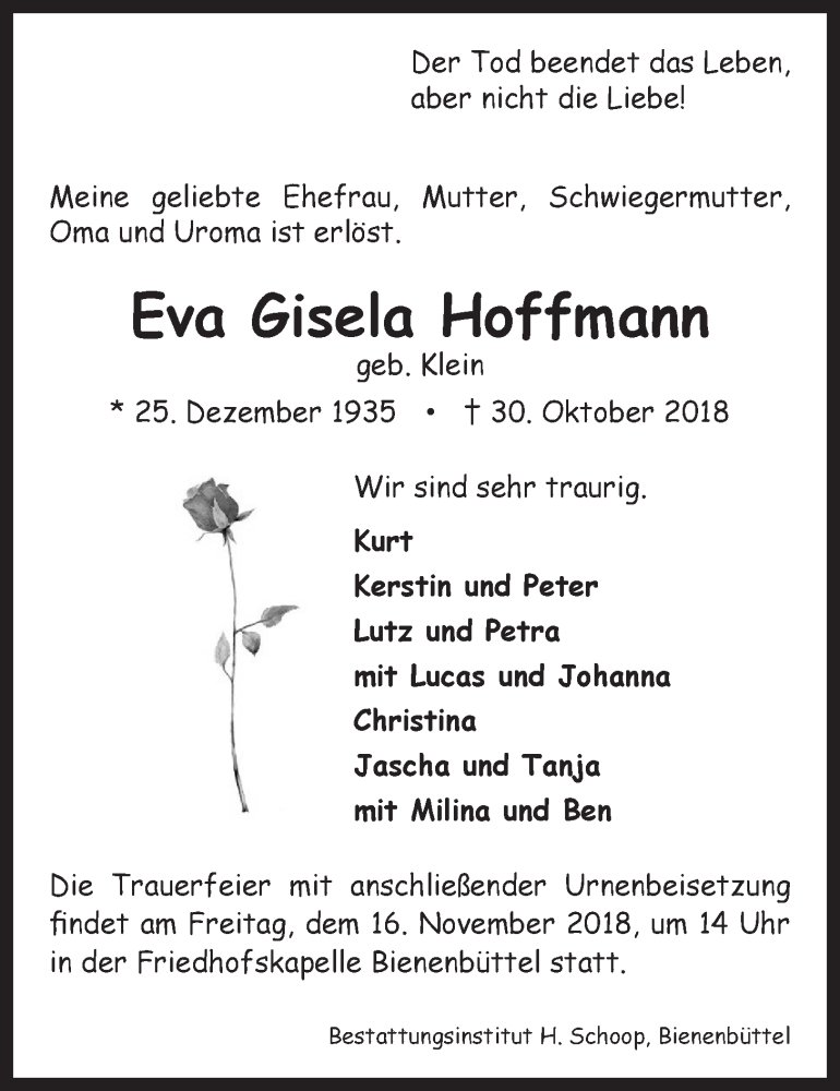 Traueranzeigen von Eva Gisela Hoffmann | Trauer-Lüneburg.de
