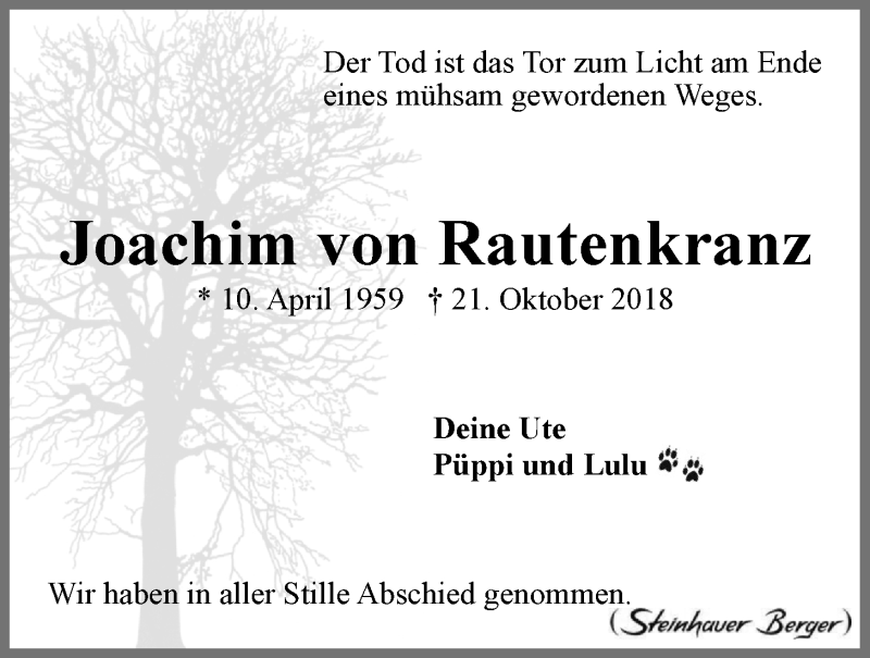  Traueranzeige für Joachim von Rautenkranz vom 10.11.2018 aus LZ