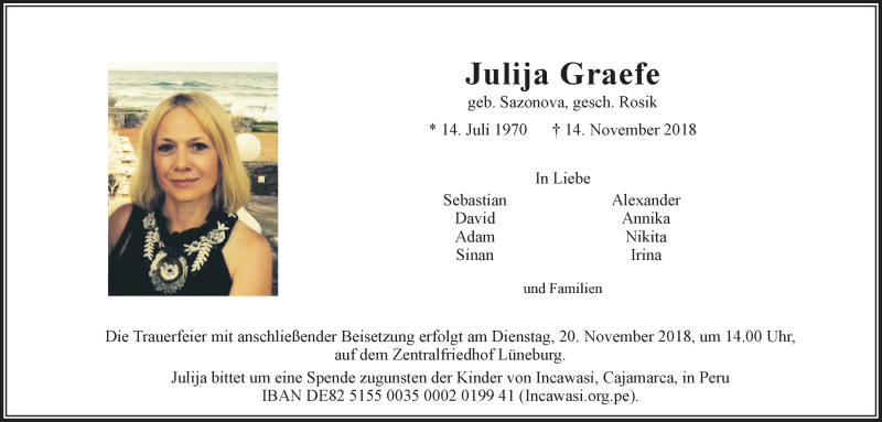  Traueranzeige für Julija Graefe vom 17.11.2018 aus LZ