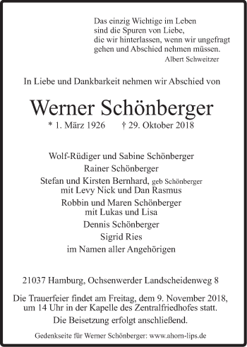 Anzeige von Werner Schönberger von LZ