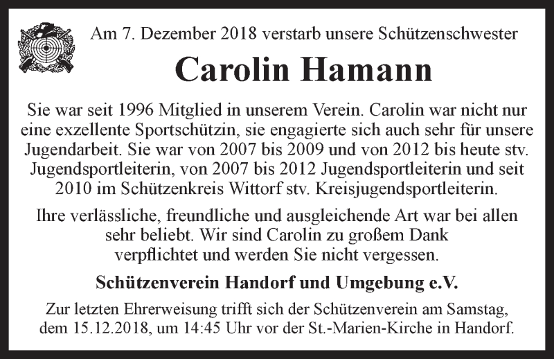  Traueranzeige für Carolin Hamann vom 12.12.2018 aus LZ