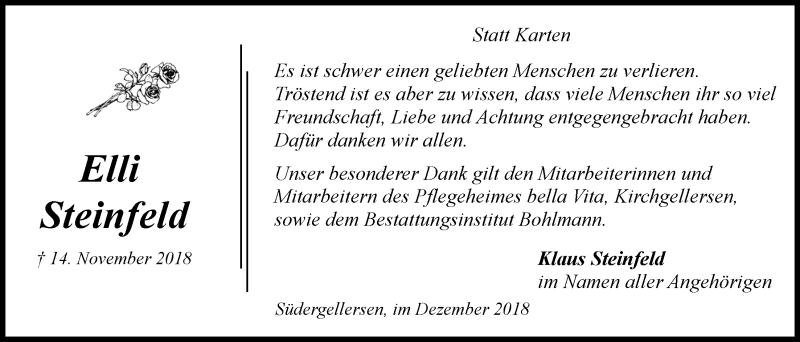  Traueranzeige für Elli Steinfeld vom 15.12.2018 aus LZ