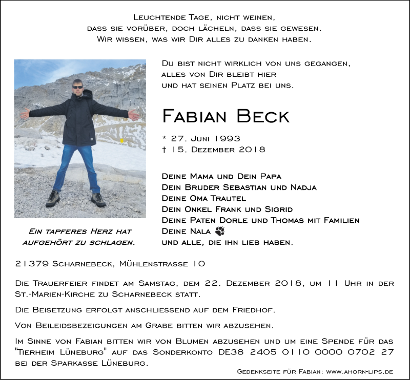  Traueranzeige für Fabian Beck vom 19.12.2018 aus LZ