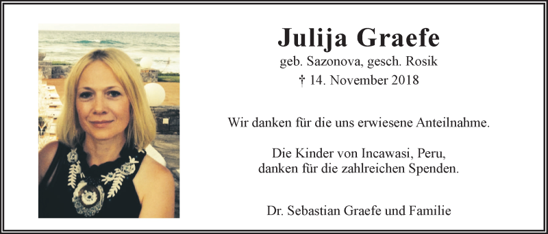  Traueranzeige für Julija Graefe vom 22.12.2018 aus LZ