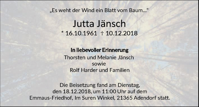  Traueranzeige für Jutta Jänsch vom 22.12.2018 aus LZ