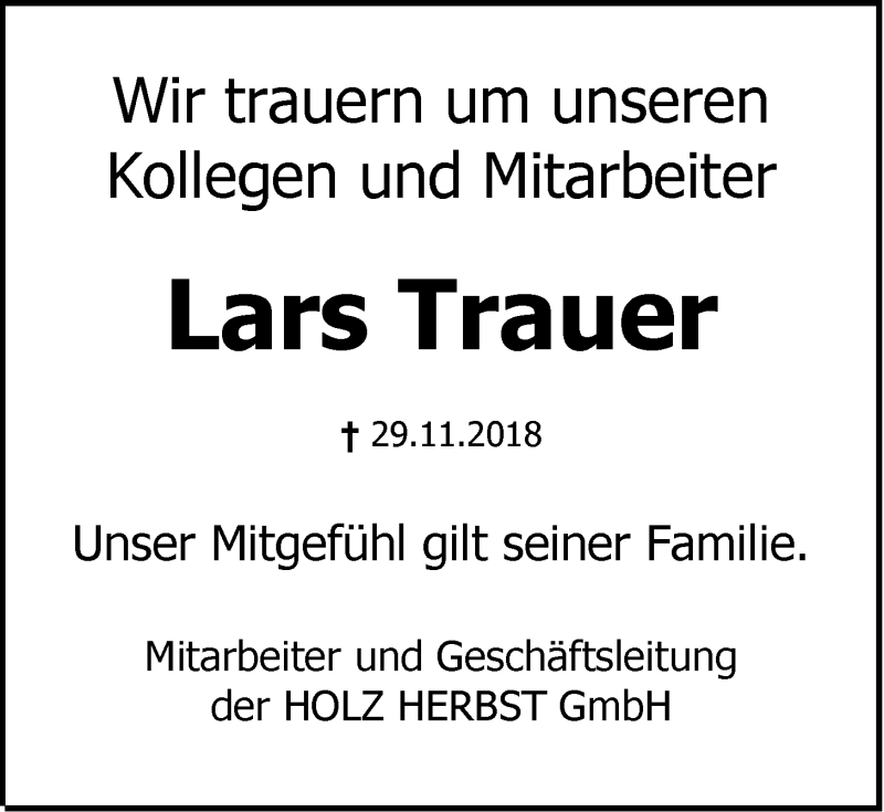  Traueranzeige für Lars Trauer vom 12.12.2018 aus LZ