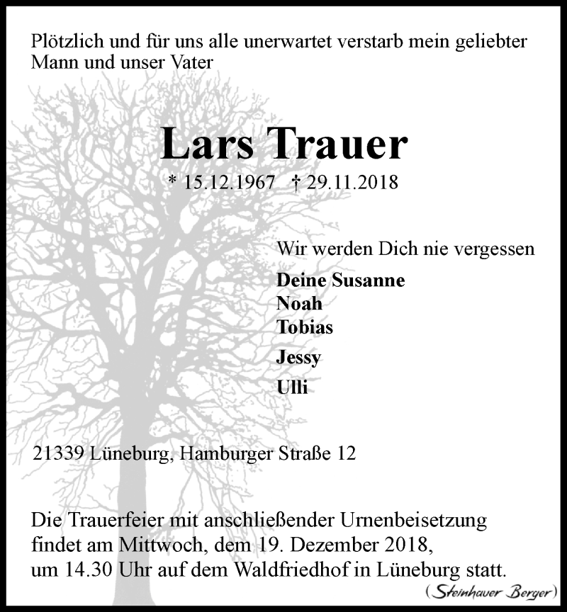  Traueranzeige für Lars Trauer vom 08.12.2018 aus LZ