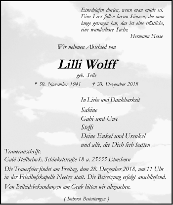 Anzeige von Lilli Wolff von LZ