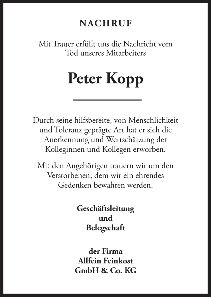  Traueranzeige für Peter Kopp vom 28.12.2018 aus LZ