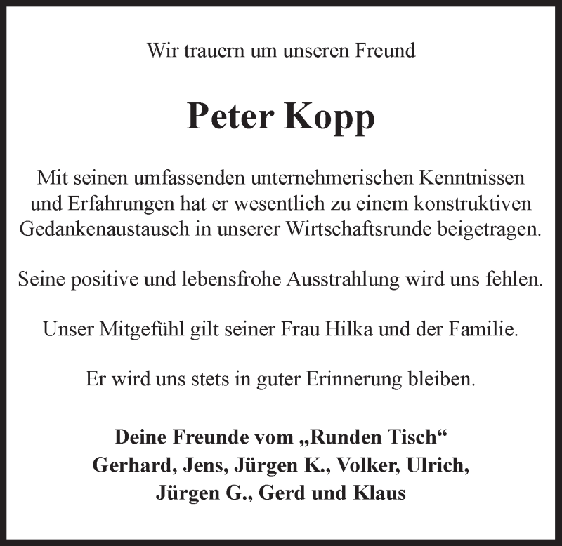  Traueranzeige für Peter Kopp vom 22.12.2018 aus LZ