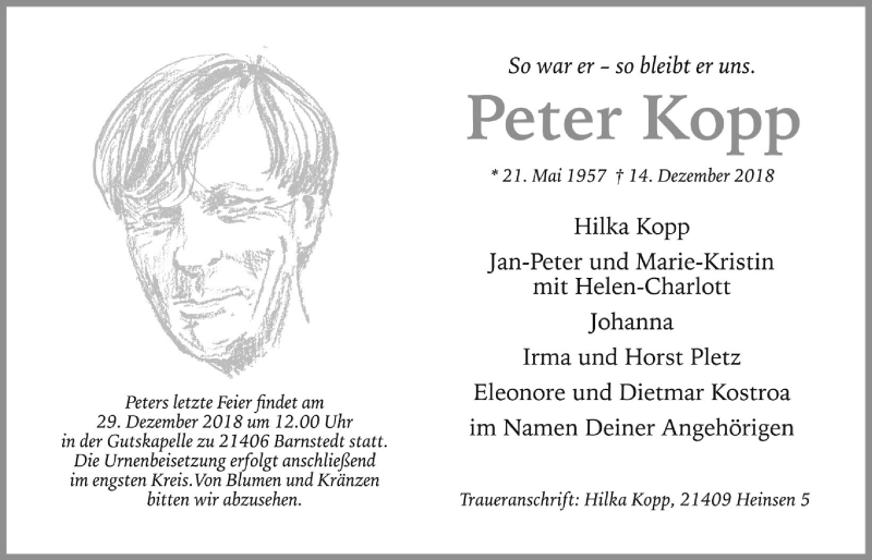  Traueranzeige für Peter Kopp vom 22.12.2018 aus LZ