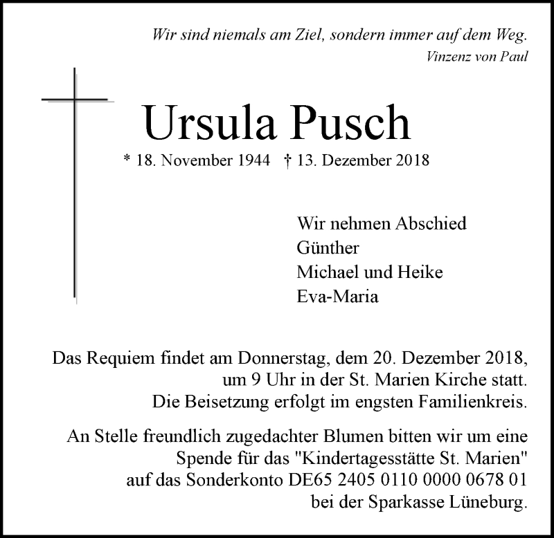  Traueranzeige für Ursula Pusch vom 18.12.2018 aus LZ