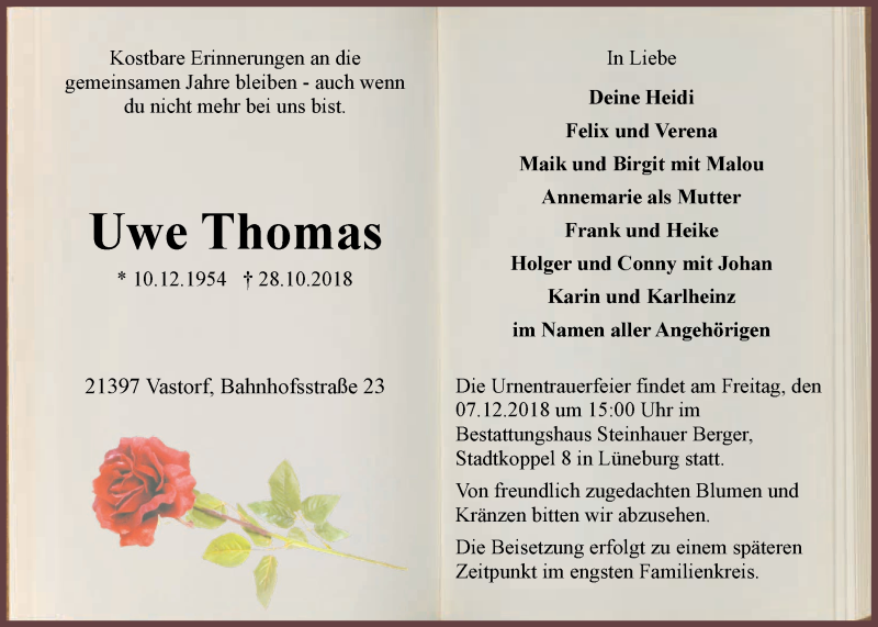  Traueranzeige für Uwe Thomas vom 01.12.2018 aus LZ