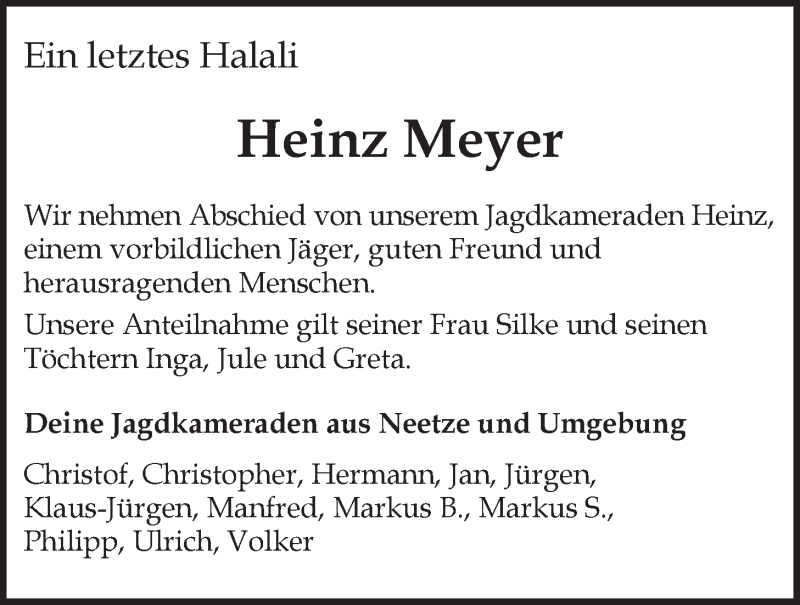  Traueranzeige für Heinz Meyer vom 10.02.2018 aus LZ