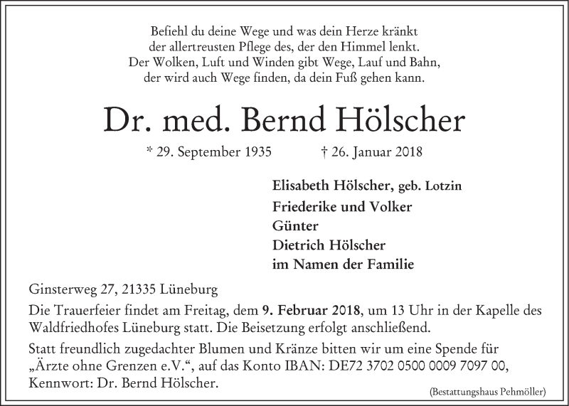  Traueranzeige für Bernd Hölscher vom 31.01.2018 aus LZ