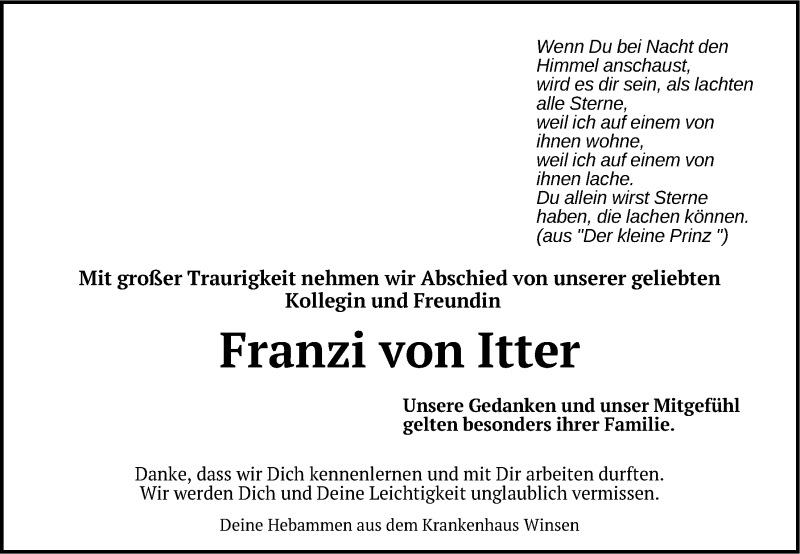  Traueranzeige für Franziska von Itter vom 24.02.2018 aus LZ