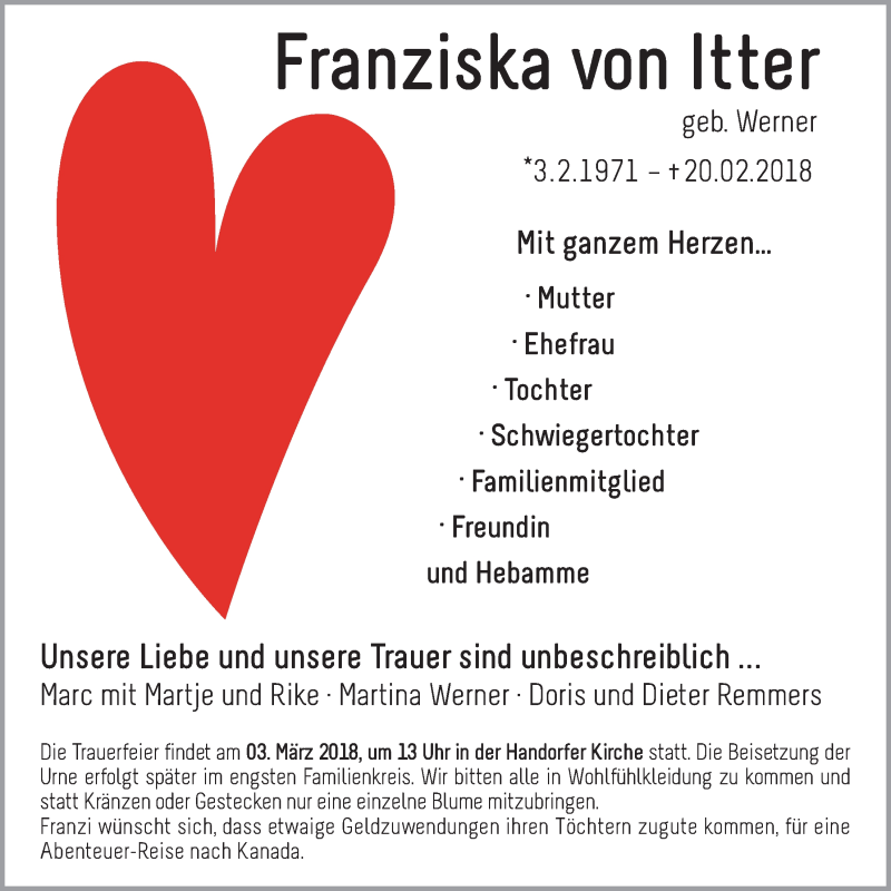  Traueranzeige für Franziska von Itter vom 24.02.2018 aus LZ