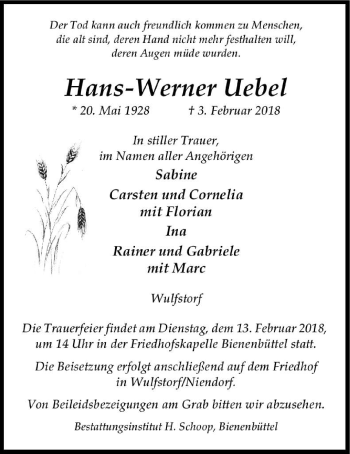 Anzeige von Hans-Werner Uebel von LZ