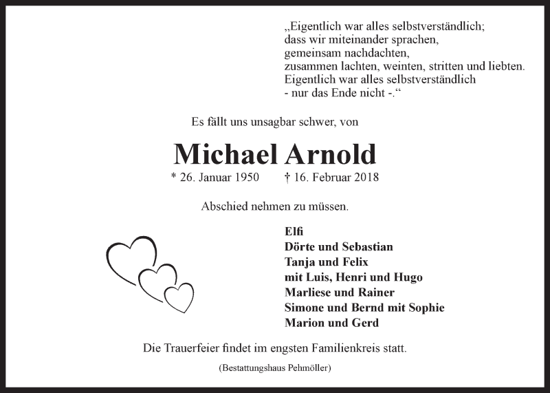  Traueranzeige für Michael Arnold vom 20.02.2018 aus LZ