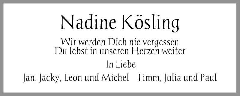  Traueranzeige für Nadine Kösling vom 03.02.2018 aus LZ