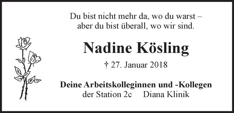  Traueranzeige für Nadine Kösling vom 01.02.2018 aus LZ
