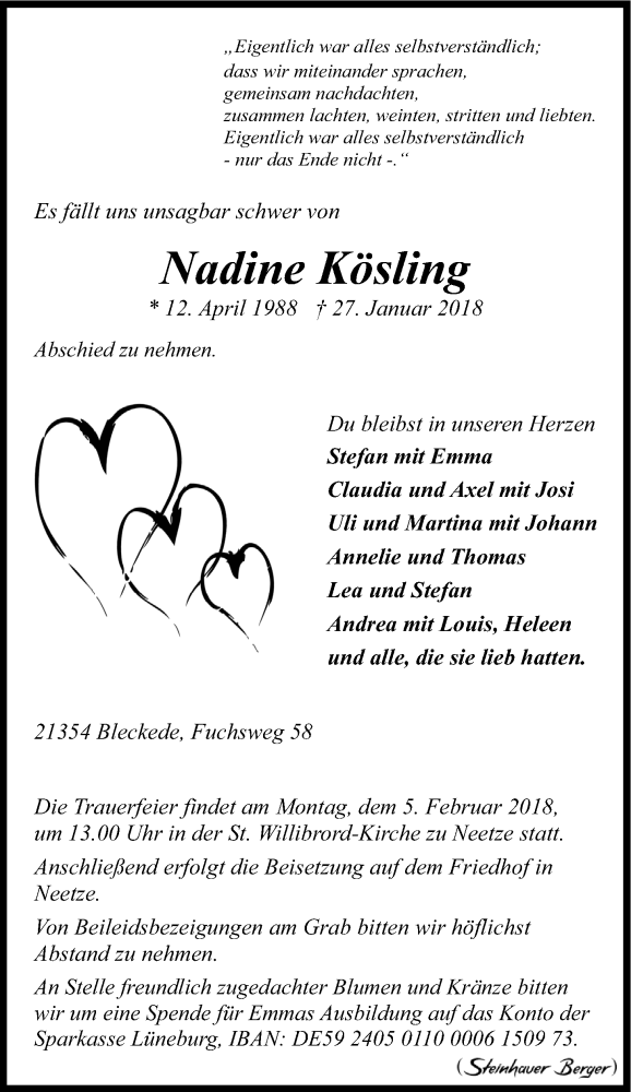  Traueranzeige für Nadine Kösling vom 01.02.2018 aus LZ