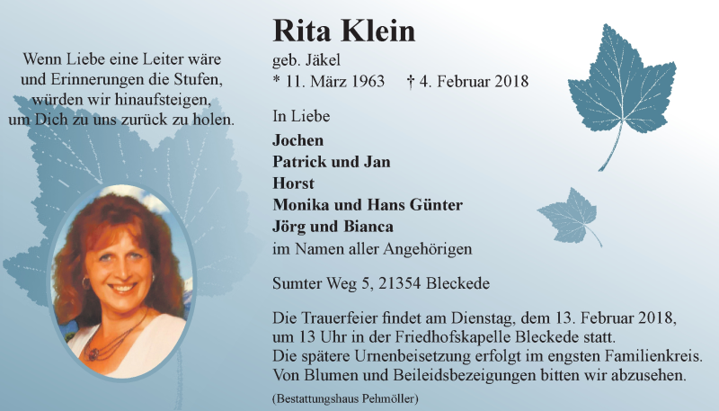  Traueranzeige für Rita Klein vom 08.02.2018 aus LZ