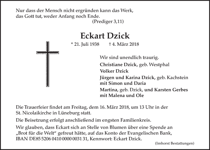  Traueranzeige für Eckart Dzick vom 10.03.2018 aus LZ