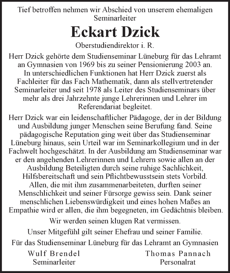  Traueranzeige für Eckart Dzick vom 12.03.2018 aus LZ