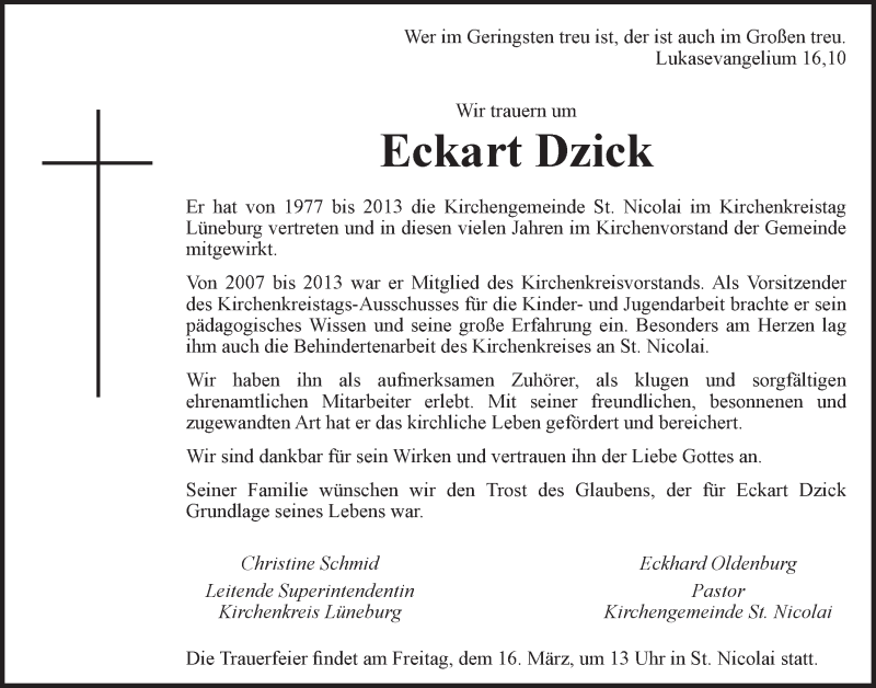  Traueranzeige für Eckart Dzick vom 14.03.2018 aus LZ
