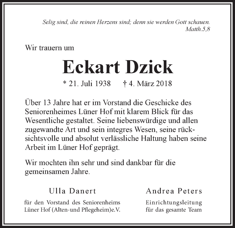  Traueranzeige für Eckart Dzick vom 10.03.2018 aus LZ