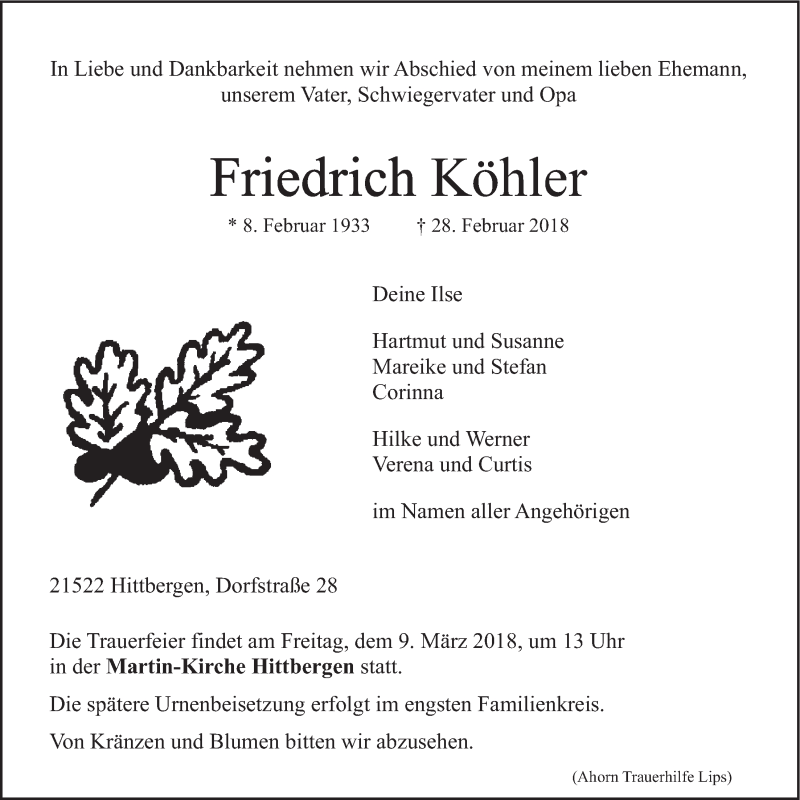  Traueranzeige für Friedrich Köhler vom 03.03.2018 aus LZ