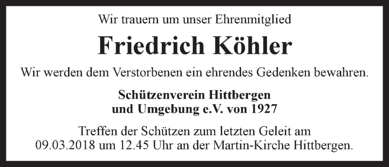  Traueranzeige für Friedrich Köhler vom 05.03.2018 aus LZ