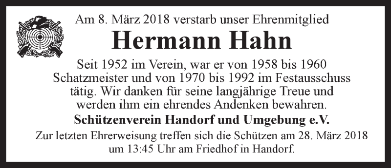  Traueranzeige für Hermann Hahn vom 17.03.2018 aus LZ