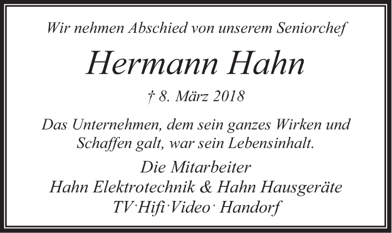  Traueranzeige für Hermann Hahn vom 17.03.2018 aus LZ