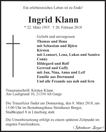 Anzeige von Ingrid Klann von LZ