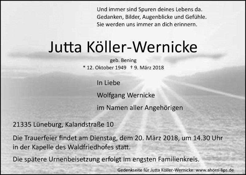  Traueranzeige für Jutta Köller-Wernicke vom 14.03.2018 aus LZ